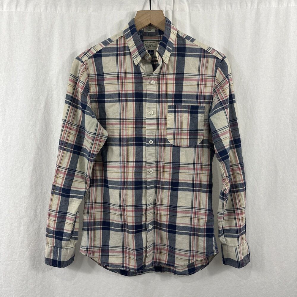 J. Crew Indian Madras Plaid Long Sleeve Shirt Mens Size S Pink Blue Preppy Slim